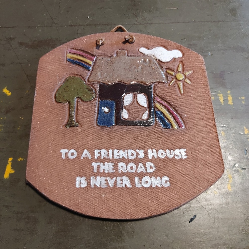 Vintage Terracotta Folk Art Wall Plaque Friendship Quote House Rainbow 7x6.25